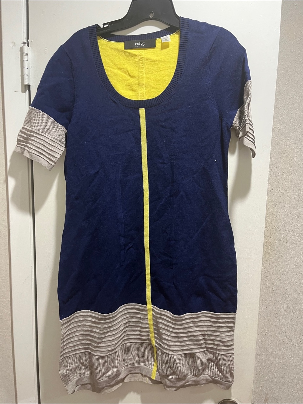 Cut25 by Yigal Azrouel Navy Dress with Yellow Center Stripe and Cream Trim